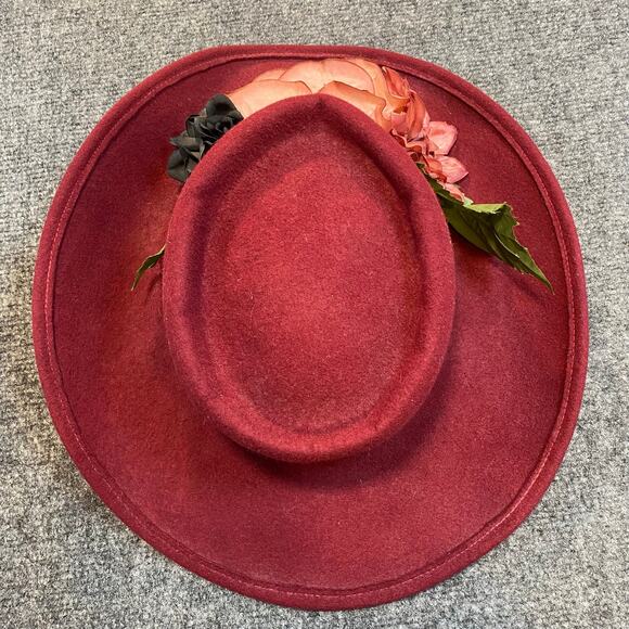 Sonni Bordeaux Lancaster Red Wool Wide Brim Bolero Hat Floral Leaf Accents Wire